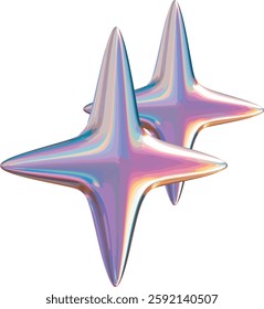 An abstract star-shaped object with a futuristic design and a chromatic, multicolored effect. Its surface has a reflective appearance with a holographic gradient featuring shades of purple, blue, gold