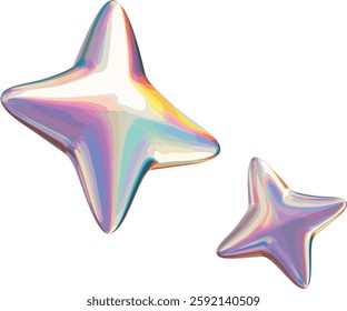 An abstract star-shaped object with a futuristic design and a chromatic, multicolored effect. Its surface has a reflective appearance with a holographic gradient featuring shades of purple, blue, gold