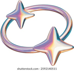 An abstract star-shaped object with a futuristic design and a chromatic, multicolored effect. Its surface has a reflective appearance with a holographic gradient featuring shades of purple, blue, gold