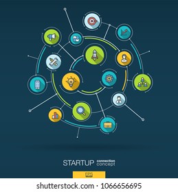 Abstract startup project, development background. Digital connect system, integrated circles, flat icons. Network interact interface concept. Idea bulb, rocket launch vector infographic illustration