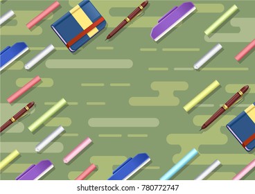 Abstract stationary chalk, eraser, pen, and notebook background, vector illustration