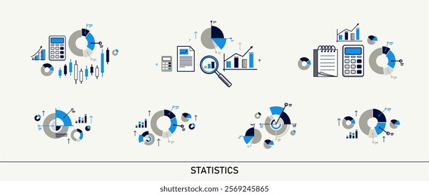 Abstract statistics infographics vector set, market trade diagrams and charts, data analysis report, presentation.