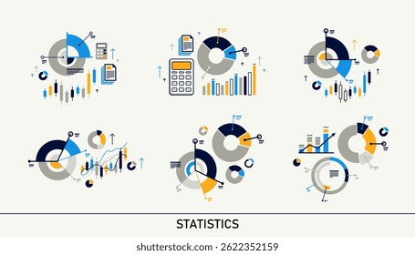 Abstract statistics infographics vector set, market trade diagrams and charts, data analysis report, presentation.