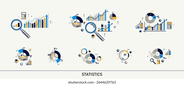 Conjunto de Vectores de infografías de estadísticas Abstractas, diagramas y gráficos de operaciones de mercado, informe de análisis de datos, presentación.