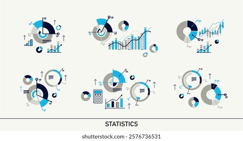 Abstract stats infographics set, vector collection of graphs and bars composition, data analysis illustrations.
