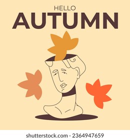 Abstract statue of a bust of a woman from which autumn leaves are falling. Flat vector illustration.