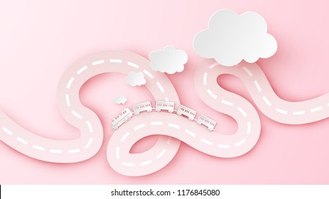 Abstract Steam Train And Smoke Cloud Float Up On The Sky With Text Space. Paper Art And Craft Design. Vector. Illustration.