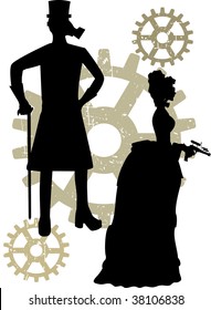 Abstract steampunk male and woman with rustic grunge gears