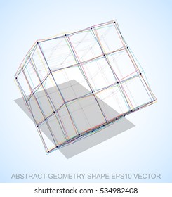 Abstract stereometry shape: Multicolor sketched Cube with Transparent Shadow. Hand drawn 3D polygonal Cube. EPS 10, vector illustration.