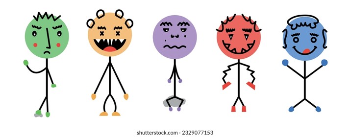 Abstract stick men. Cartoon stick figures. Emoticon character set. Funny doodle isolated vector elements. Sad, angry, exhausted, shocked, confused faces.
