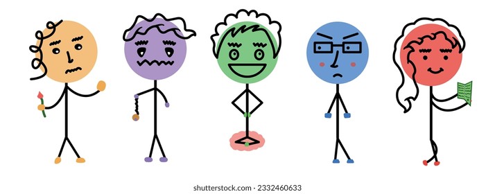 Abstract stick men. Cartoon stick figures. Emoticon character set. Funny doodle isolated vector elements. Sad, angry, exhausted, shocked, confused faces.