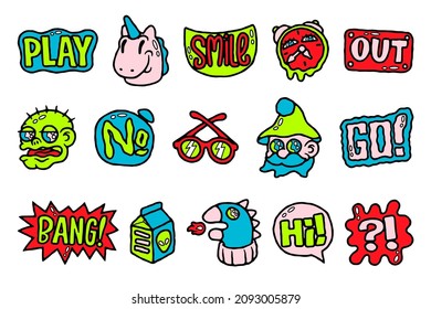 Abstract sticker. Cartoon psychedelic comic characters with funny faces, retro badges and sticker collection. Vector modern set