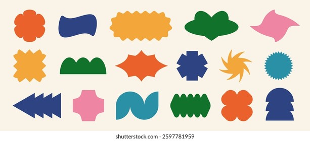 Abstract sticker shape set. Colorful retro pop art border element collection. Colorful geometric frame pack for badge, tag, label, banner, poster design, sign, icon. Swiss style patch bundle. Vector