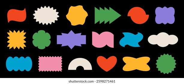 Abstract sticker shape set. Colorful retro pop art border element collection. Bright geometric frame pack for badge, tag, label, banner, poster design, sign, icon. Vector Swiss style patch bundle