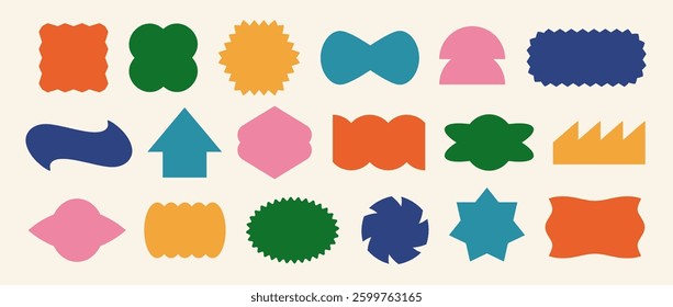 Abstract sticker shape set. Colorful retro pop art border element collection. Bright geometric frame pack for badge, tag, label, banner, poster, sign, icon, flyer. Vector Swiss style patch bundle