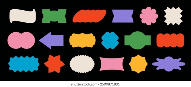 Abstract sticker shape set. Colorful retro pop art border element collection. Bright geometric frame pack for badge, tag, label, banner, poster, sign, flyer, logo. Vector Swiss style patch bundle