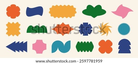 Abstract sticker shape set. Colorful retro pop art border element collection. Colorful geometric frame pack for badge, tag, label, banner, poster design, sign, icon. Swiss style patch bundle. Vector