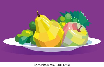 Abstract still life with apples, pear and grapes on a purple background. Vector illustration.