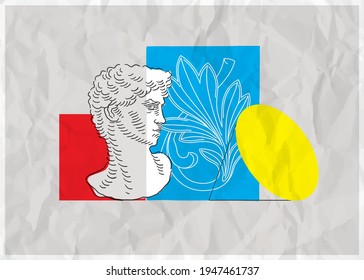 Abstract Still life Art School Poster. Geometric color solid figures and David's head bust and gypsum ancient rosette composition. On paper effect background. Abstract Art School design poster