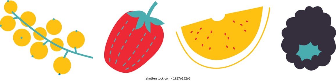 Abstract still life banner. Collection of contemporary art. Abstract cut elements, fruits and berries for social media, postcards, print. Hand drawn currant, strawberry, orange, raspberry.