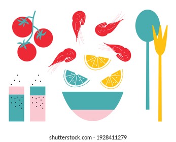 Abstract still life banner. Collection of contemporary art. Abstract cut elements, seafood and vegetables for social media, postcards, print. 