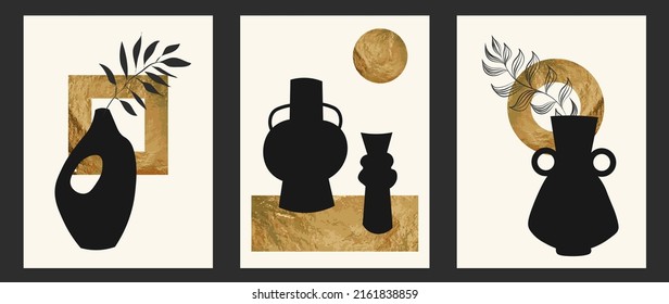 Abstract still life in black poster. Collection of contemporary art. Abstract golden paper cut elements and vases for social media, postcards, print. Hand drawn print.