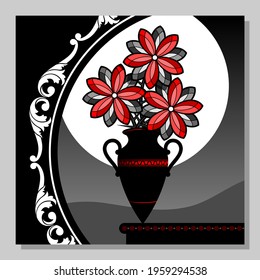 Abstract still life with a bouquet of red flowers in a vase. Wall decor, poster design. Vector illustration.