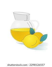 Abstract Still Life with Citrus Lemon Fruits and Lemonade Glass, Vector Illustration on White Background. Modern Design for Beverages, Drinks, and Wall Art Decor. Retro Comic Style