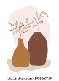 Abstract still life composition in pastel colors. Hand drawn vase, leaves and shapes. Contemporary art vector illustration for print t-shirts, cards, posters. 