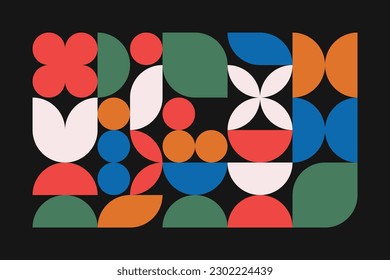 Abstract still life depicting flowers, leaves, a plate of fruit in a trendy Bauhaus style. Design for decor. Vector illustration with geometric elements.