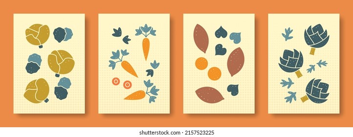 Abstract still life depicting vegetables on a colored background in pastel colors. Collection of contemporary art. Vector set of vegetables cabbage, artichoke, batat, parsnip for social media.