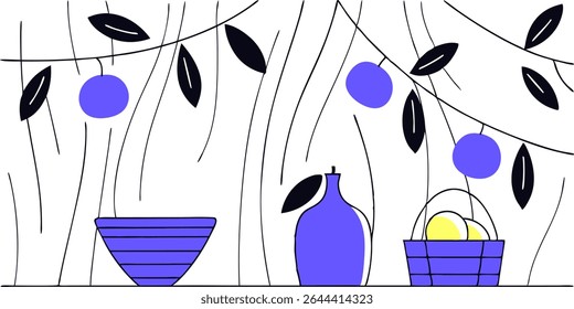 Abstract Still Life with Fruit, Leaves, and Vases – Minimal Line Art
