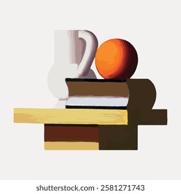 Abstract still life with geometric shapes. Features a white jug, orange sphere, and stacked books. Modern art with bold colors and clean lines. Vintage home decor illustration isolated, vector.