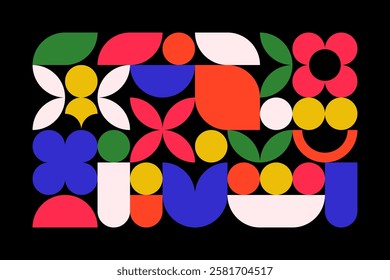 Abstract still life with insects, flowers, leaves, fruit plate in Bauhaus style. Vector illustration with geometric elements. Wall art. Naive colorful design for decor.