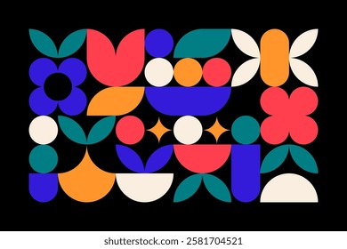 Abstract still life with insects, flowers, leaves, fruit plate in Bauhaus style. Vector illustration with geometric elements. Wall art. Naive colorful design for decor.