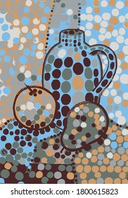 Abstract still life with a jug and fruit. Modern art and decorative style. Mosaic still life