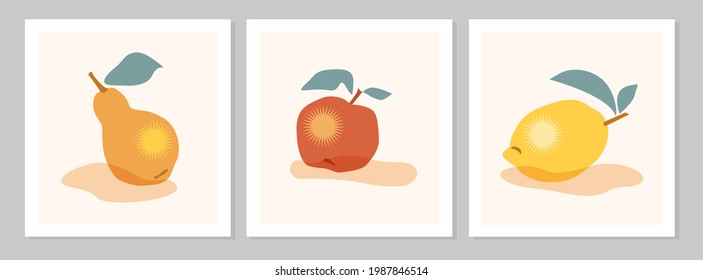 Abstract still life with lemon, pear, apple fruit poster. Collection of contemporary art. Vector flat illustration. Hand drawn abstract fruits design for social media, postcards, print. 