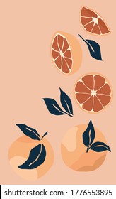 Abstract still life with oranges in pastel colors. hand draw of modern art in a flat style. Fruits with leaves for social media, poster, postcard, print. Hand drawn oranges, peaches, tangerines.