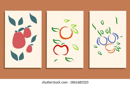Abstract still life in pastel color posters. Contemporary art collection. Abstract paper cut elements, fruit abstract vector fruit, for social media postcards and prints, apples,