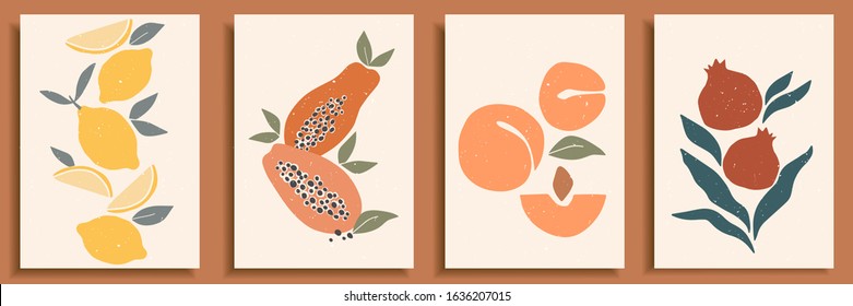 Abstract still life in pastel colors posters. Collection of contemporary art. Abstract paper cut elements, fruits for social media, postcards, print. Hand drawn apricot, pomegranate, lemons.