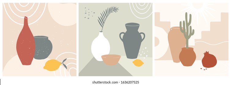 Abstract still life in pastel colors. Collection of contemporary art. Abstract paper cut elements, fruits for social media, posters, postcards, print. Hand drawn jug, jar, earthenware pot vector set.