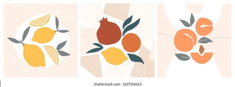 Abstract still life in pastel colors posters. Collection of contemporary art. Abstract paper cut elements, fruits for social media, postcards, print. Hand drawn apricot, pomegranate, lemons.