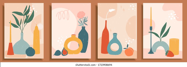 Abstract still life in pastel colors. Collection of contemporary art. Abstract paper cut elements, fruits for social media, posters, postcards, print. Hand drawn vase, candle, leaves, flowers, fruits.