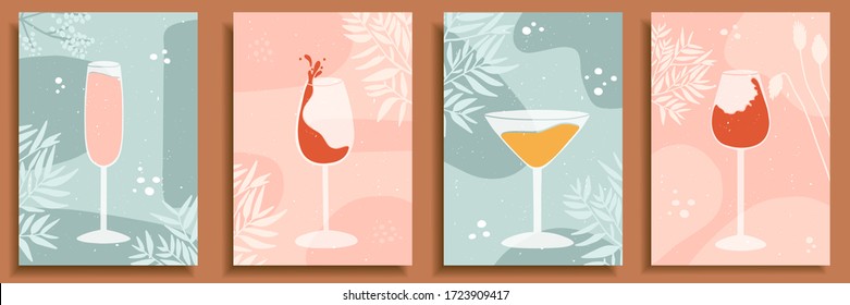 Abstract still life in pastel colors posters. Collection of contemporary art. Elements and shapes for social media, postcards, print. Hand drawn glasses, wine, drops, champagne, alcohol, cocktail.