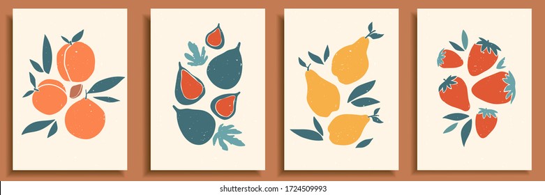 Abstract still life in pastel colors poster. Collection of contemporary art. Abstract paper cut elements, fruits and berries for social media, postcards, print. Hand drawn pear, peach, fig, strawberry
