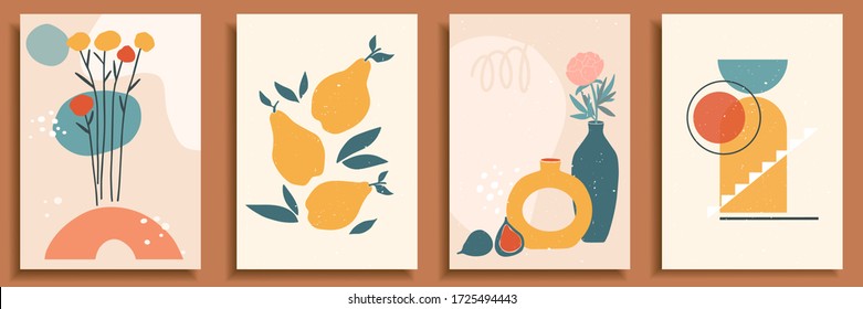 Abstract still life in pastel colors. Collection of contemporary art. Abstract geometrical elements, shapes for social media, posters, postcards, print. Hand drawn vase, leaves, flowers, fruits, pear.