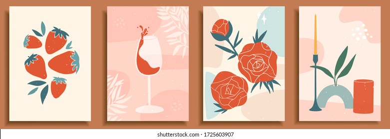 Abstraktes Stillleben in Pastellfarben. Sammlung zeitgenössischer Kunst. Abstrakte Papierschnittelemente, Formen für soziale Medien, Plakate. Handgezogene Vase, Kerze, Blätter, Blumen, Früchte, Erdbeere, Glas