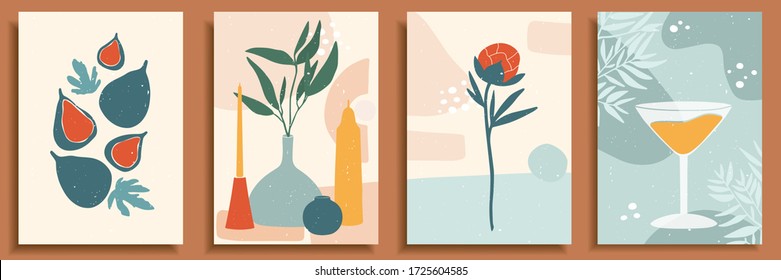 Abstraktes Stillleben in Pastellfarben. Sammlung zeitgenössischer Kunst. Abstrakte Papierschnittelemente, Formen für soziale Medien, Plakate. Handgezogene Vase, Kerze, Blätter, Blumen, Früchte, Feigen, Glas, Pony