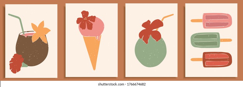 Abstract still life in pastel colors poster. Collection of contemporary art. Abstract elements, fruits, ice cream, nuts for social media, postcards, print. Hand drawn coconut coctail, ice cream.