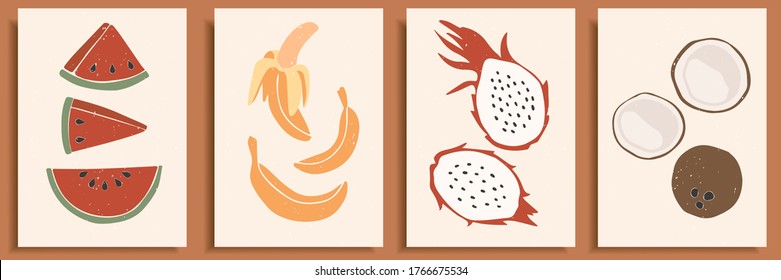 Abstraktes Stillleben in Pastellfarben Poster. Sammlung zeitgenössischer Kunst: Abstrakte Elemente, tropische Früchte für soziale Medien, Postkarten, Druck. Handgezeichnete Wassermelone, Banane, Drachenfrucht, Kokosnuss